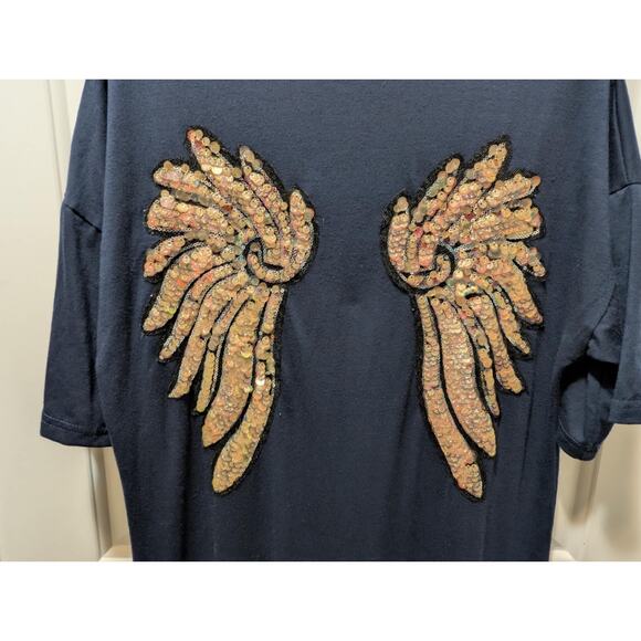 Navy Blue Sequin Glitter Angel Wings Fitted Short Sleeve Maxi Dress Size M - Picture 5 of 10